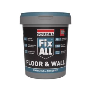 Container of Soudal Fix ALL Floor & Wall universal adhesive with blue label and gray lid