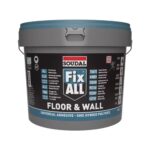 Gray bucket of Soudal Fix ALL Floor & Wall universal adhesive with blue lid