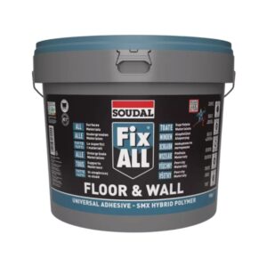 Gray bucket of Soudal Fix ALL Floor & Wall universal adhesive with blue lid