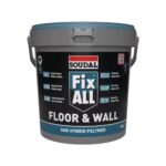 Bucket of Soudal Fix ALL Floor & Wall SMX Hybrid Polymer sealant for floors and walls (gray container with blue lid).