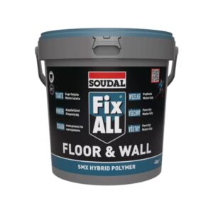 Bucket of Soudal Fix ALL Floor & Wall SMX Hybrid Polymer sealant for floors and walls (gray container with blue lid).