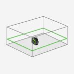 Green laser level projecting horizontal green lines to form a rectangular frame inside a transparent box.