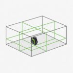 Isometric illustration of a black and green laser level inside a 3D cube with green projection lines.