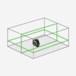 Laser level placed inside a transparent 3D box, emitting green laser lines that outline a rectangular space around it.