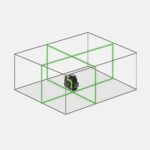 3D illustration of a black and green laser level inside a transparent cube with green laser lines forming an X and square outlines