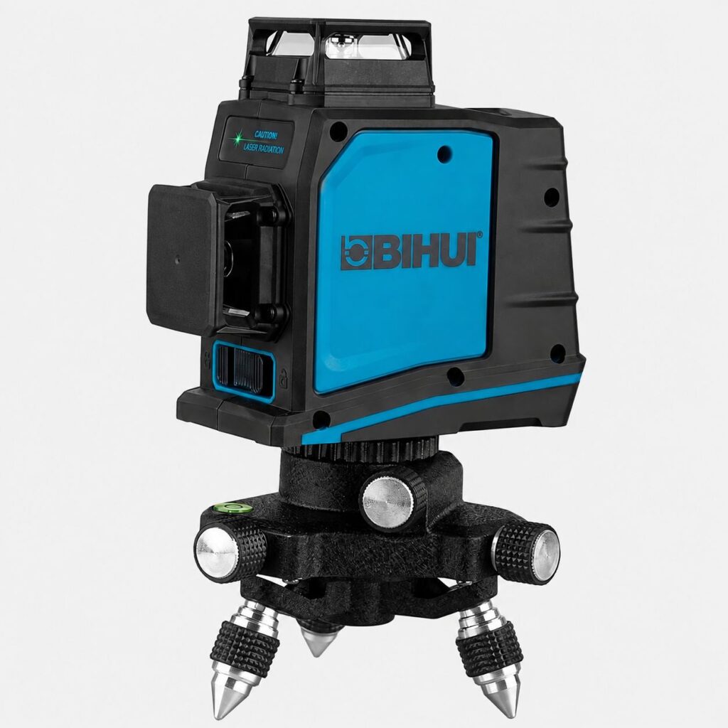 Blue and black laser level mounted on an adjustable tripod with spiked legs, ready for leveling work.
