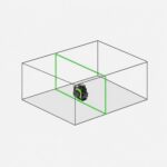 Isometric diagram of a cube with a green vertical cutting plane and a black‑green laser device at its base in the corner area.