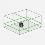 3D wireframe cube with green laser lines forming a cross inside; a small black-and-green laser level sits at the center.