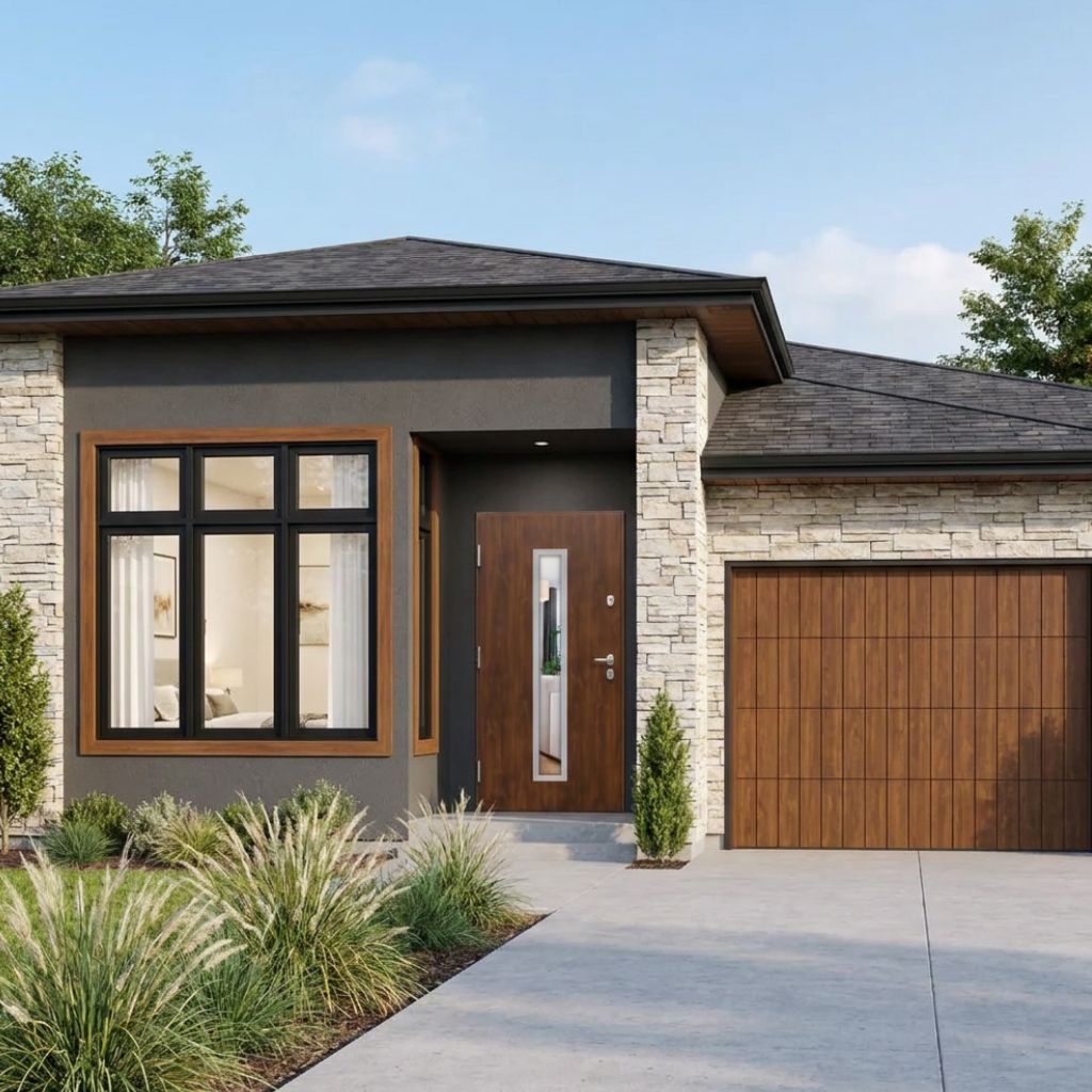 Modern single-story home with dark gray exterior, stone accents, large window, wooden front door, and a wood-panel garage door.