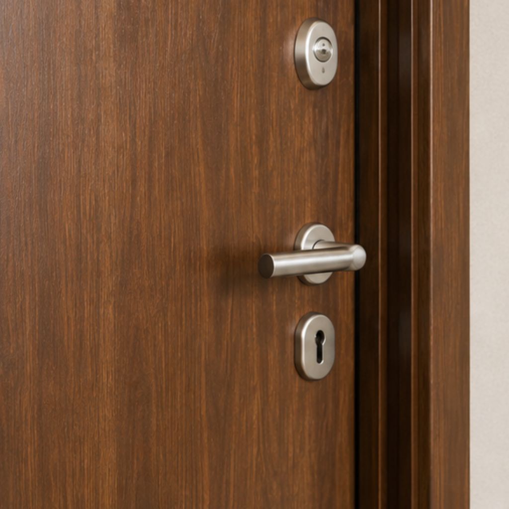 Wooden door with a silver lever handle and keyhole visible on the paneling