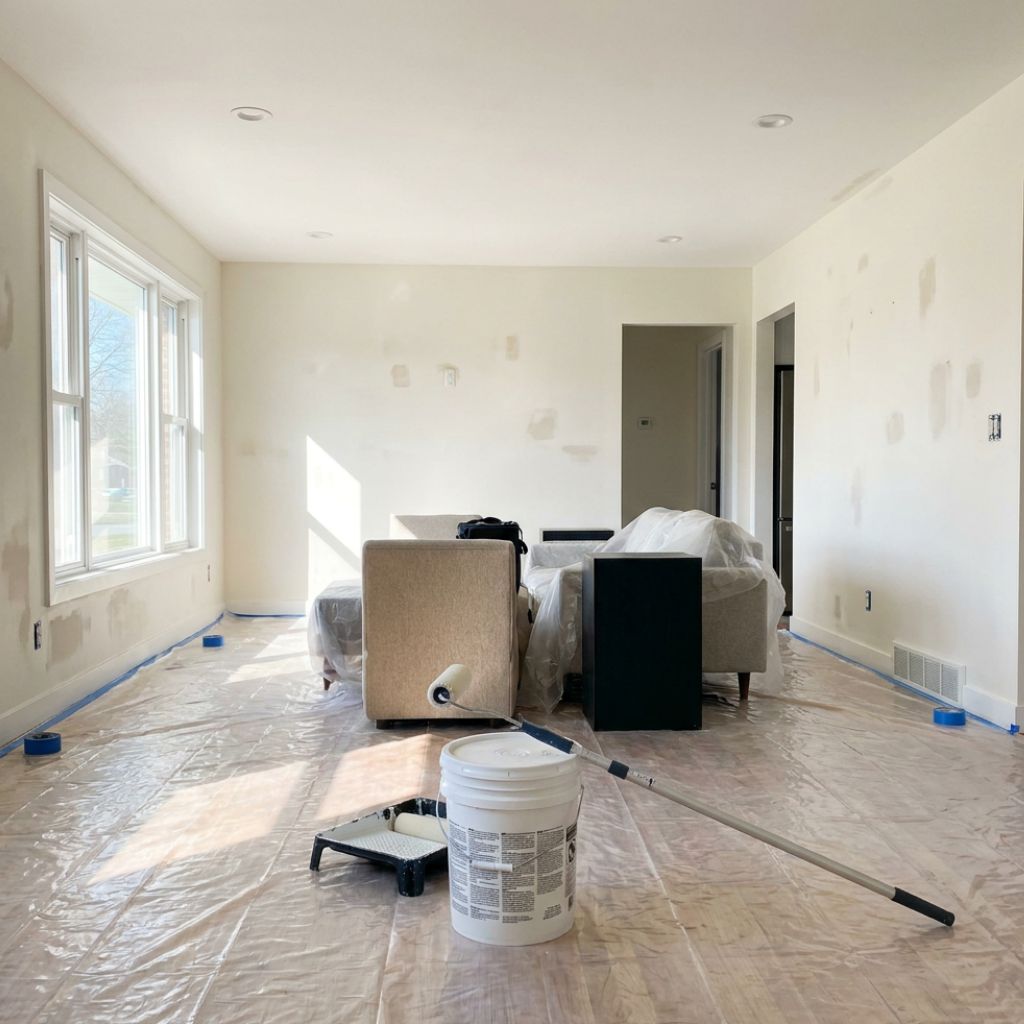 Living room under renovation with plastic covering on the floor, paint gear in the foreground, and furniture draped in drop cloths near a large window.
