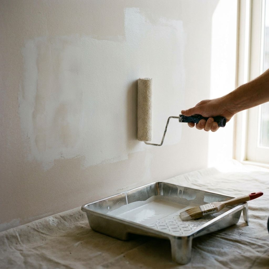 Person rolling white paint onto a wall with a paint roller; a paint tray and brush sit on the covered surface nearby.