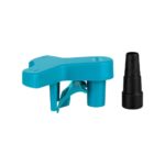 Blue plastic handheld clamp tool with fold-out legs and a metal hinge, shown next to a black three‑stacked conical accessory.