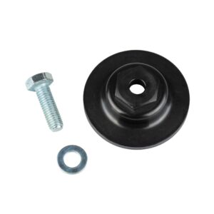 Black circular plastic mounting piece with central hex recess, shown with a bolt and a washer nearby for assembly.