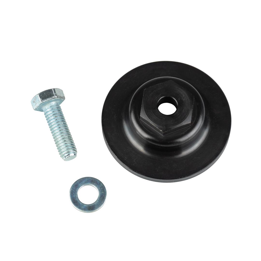 megabudowlany-bihui-adapter-do-tarczy-tcsa1200-sklep-budowlany - Mega Budowlany Black circular plastic mounting piece with central hex recess, shown with a bolt and a washer nearby for assembly.