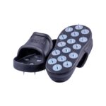 Acupressure slippers with metal spikes for foot massage, showing both soles.