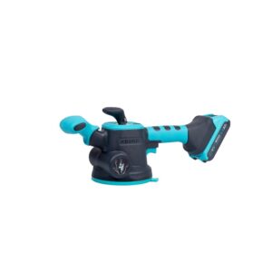 Cordless handheld sander with turquoise and black body and blue battery attached.