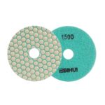 Two overlapping circular grinding/polishing pads: a beige pad with hexagonal pattern and a turquoise 1500-grit pad labeled BIHUI.
