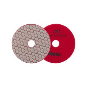 Two overlapping circular discs for grinding and polishing: a red abrasive wheel with a center hole and a gray hex-pattern polishing disc