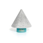 Silver conical abrasive grinding stone mounted on a blue cylindrical mandrel against a white background, for precision sanding.