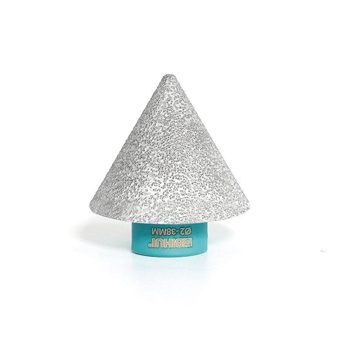 megabudowlany-bihui-frez-diamentowy-stozkowy-m14-2-38mm-sklep-budowlany - Mega Budowlany Silver conical abrasive grinding stone mounted on a blue cylindrical mandrel against a white background, for precision sanding.