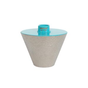 Cone-shaped object with a textured gray body and a bright blue circular top.