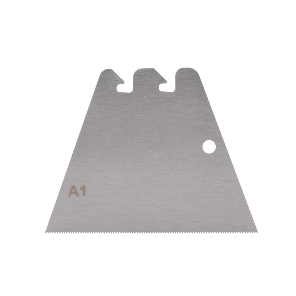 Triangular metal blade with a serrated bottom edge, a circular hole on the right, and three top notches; marked A1.