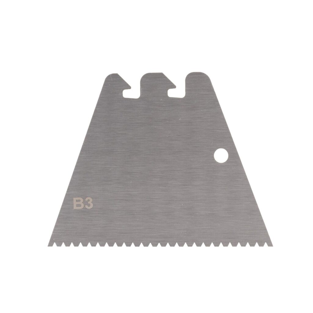 Metal blade with serrated bottom edge, two top notches, and a circular hole on the right; marked B3.