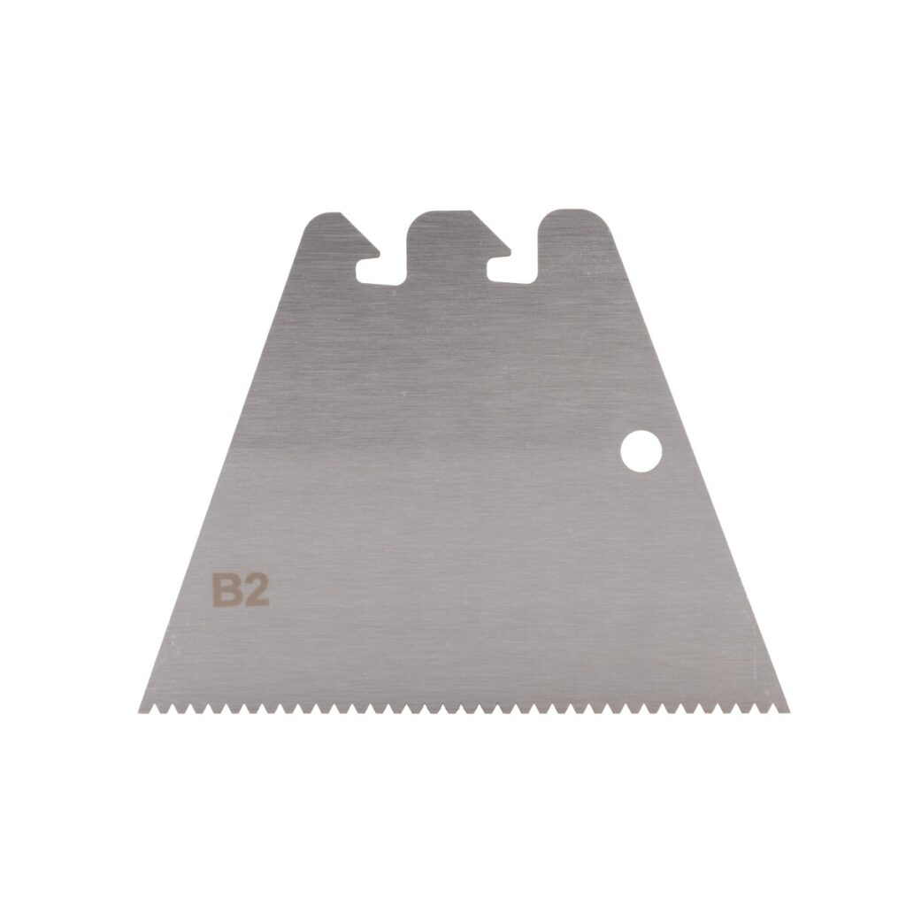Brushed metal triangular blade with a jagged bottom edge, three top notches, a circular hole on the right, and a 'B2' marking on the left side.
