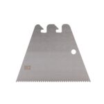 Brushed metal triangular blade with a jagged bottom edge, three top notches, a circular hole on the right, and a 'B2' marking on the left side.