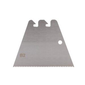 Brushed metal triangular blade with a jagged bottom edge, three top notches, a circular hole on the right, and a 'B2' marking on the left side.