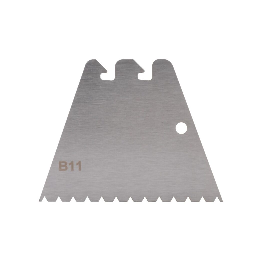 Triangular metal blade with a serrated bottom edge and a mounting notch; labeled B11.
