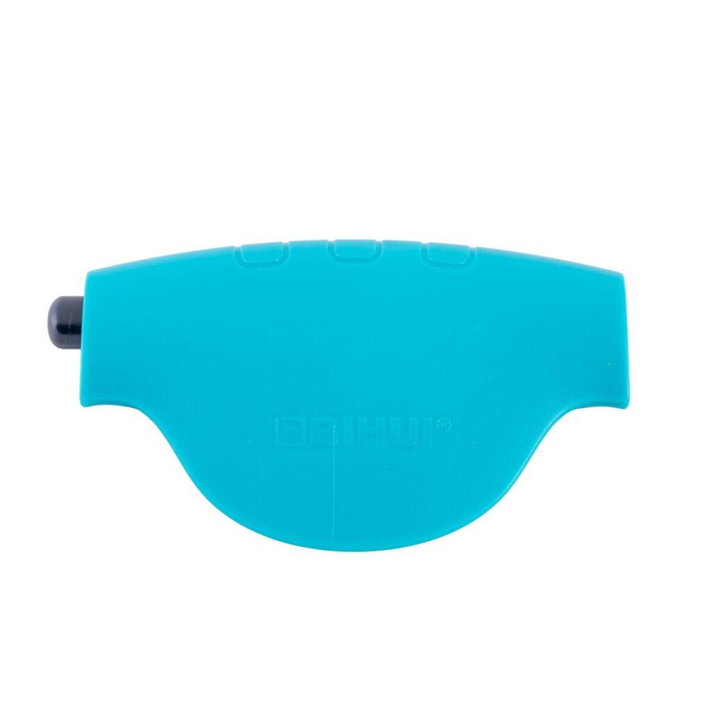 Blue ergonomic plastic device with a small black knob on the left and a curved bottom, brand embossed on the side.
