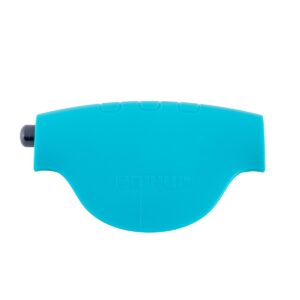 Blue ergonomic plastic device with a small black knob on the left and a curved bottom, brand embossed on the side.