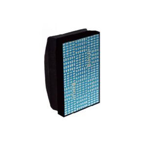 Rectangular blue perforated panel with a black frame, standing upright.