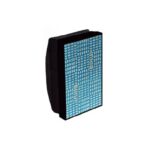 Blue rectangular filter panel with a grid-like perforated surface and black backing, shown from the side.
