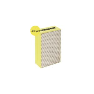Yellow rectangular sharpening stone with 400 grit label (BIHUI) and textured surface on one side.