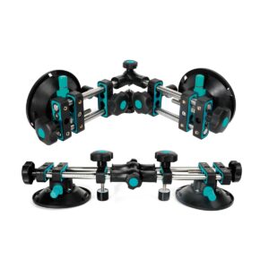 Two black-and-teal precision clamps on metal rods forming a modular mounting jig with knobs and round bases on white background
