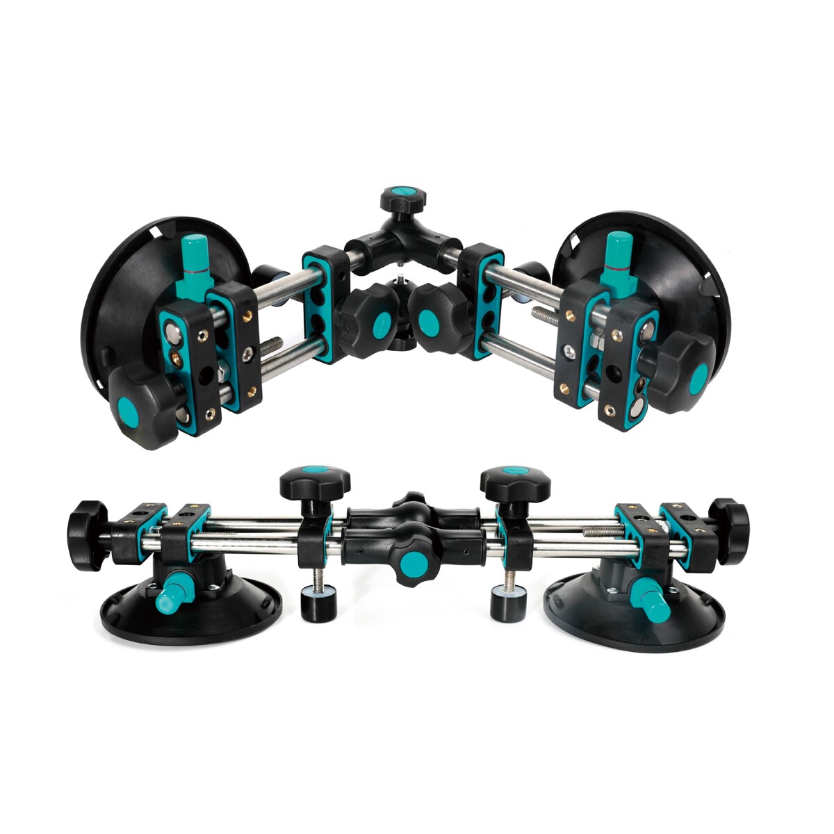 megabudowlany-bihui-katowy-przyrzad-regulacji-fugi-2x6-cali-sklep-budowlany - Mega Budowlany Two black-and-teal precision clamps on metal rods forming a modular mounting jig with knobs and round bases on white background