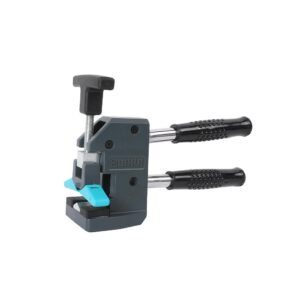 Two-handled toggle clamp with screw adjustment for holding workpieces while machining or assembling.