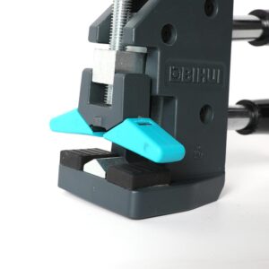 Close-up of a BIHUI bench clamp with bright blue levers secured to a dark gray base, on a white surface.