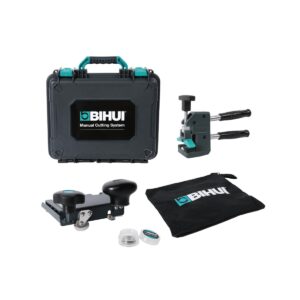 BiHUI manual cutting system kit: hard case, two clamps, a hand router/press, sanding/finishing tool, small accessories and a black carry bag with BiHUI logo.