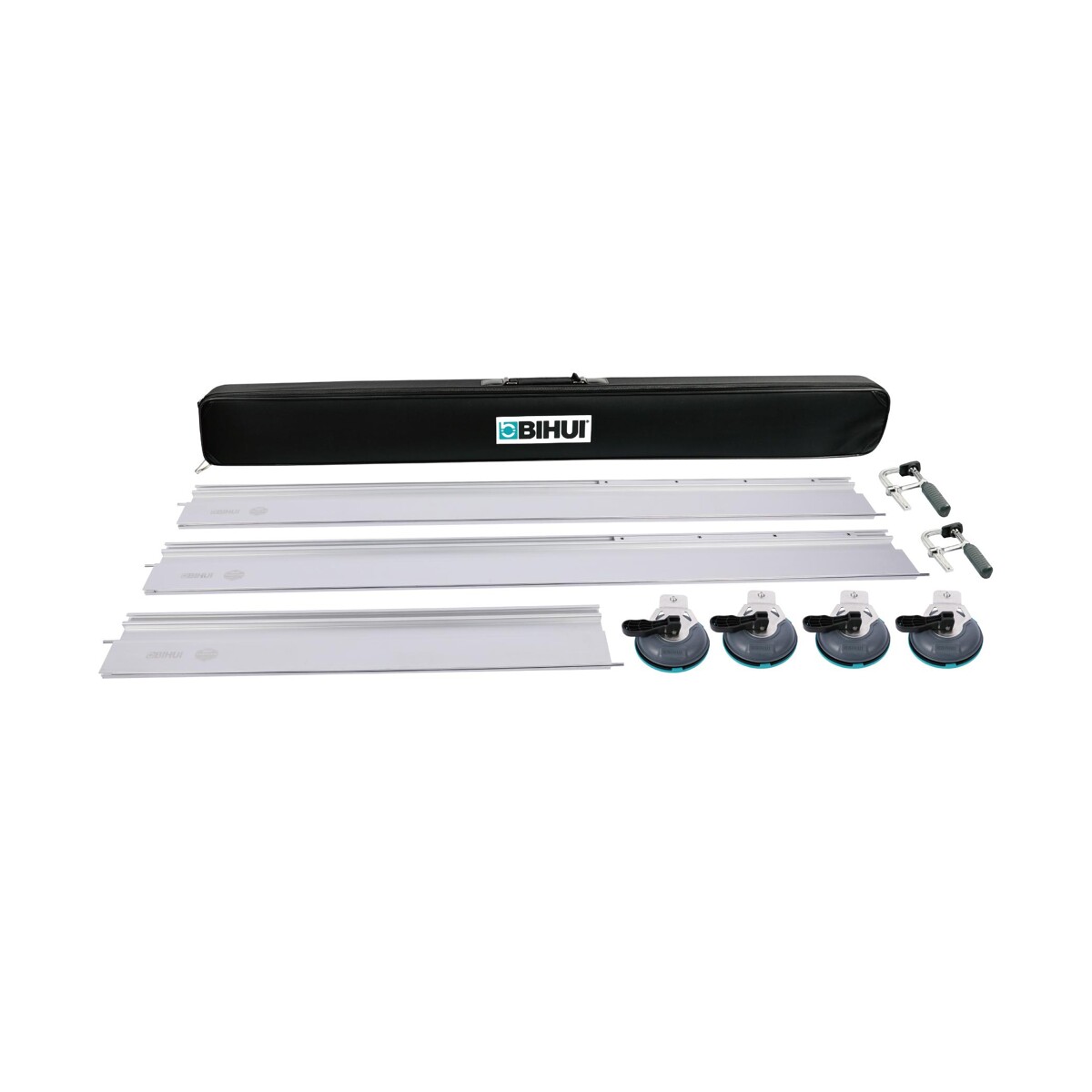 megabudowlany-bihui-lf-system-trzech-szyn-3-6m-sklep-budowlany - Mega Budowlany Glass installation toolkit with four suction cups, long aluminum rails, and a black BIHUI case labeled BIHUI.