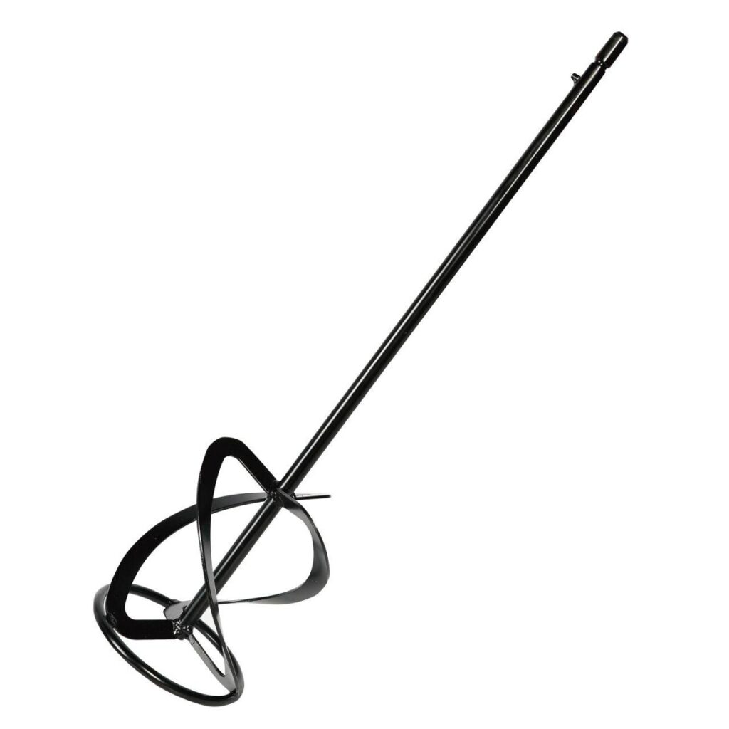 Long-handled hand mixer with a circular whisk guard and spiral beaters at the end, used for mixing batter in a bowl