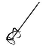 Long-handled hand mixer with a circular whisk guard and spiral beaters at the end, used for mixing batter in a bowl