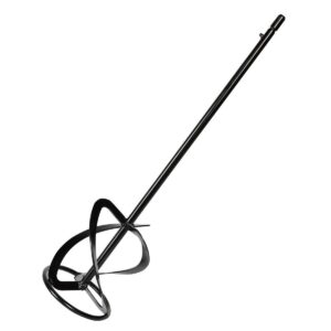 Long-handled hand mixer with a circular whisk guard and spiral beaters at the end, used for mixing batter in a bowl