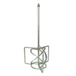 Metal drill-mixer attachment with a long central rod, helical screw blades, and a square wire frame at the base.