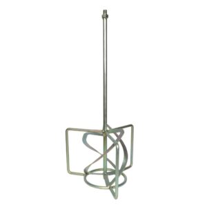 Metal drill-mixer attachment with a long central rod, helical screw blades, and a square wire frame at the base.