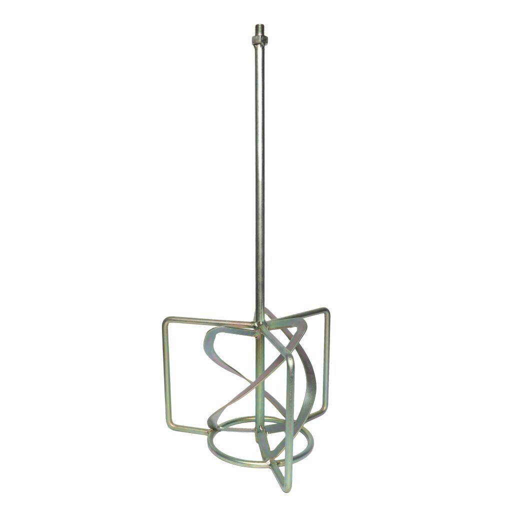 Metal drill-mixer attachment with a long central rod, helical screw blades, and a square wire frame at the base.