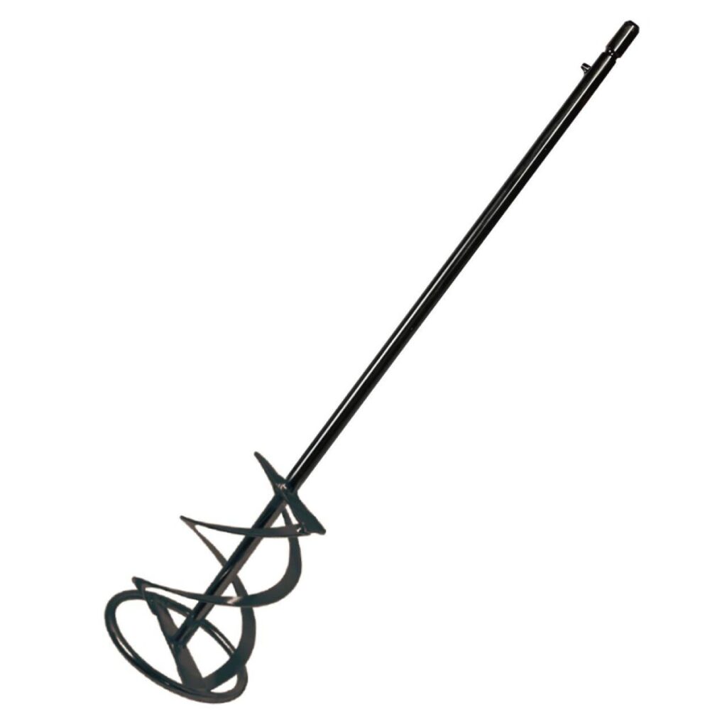 Long black earth auger drill bit with a spiral screw near the bottom and a hex shaft at the top, shown diagonally.